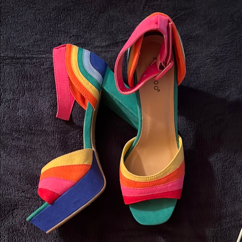 BAMBOO Pink and Orange Heels with Chunky Block Design